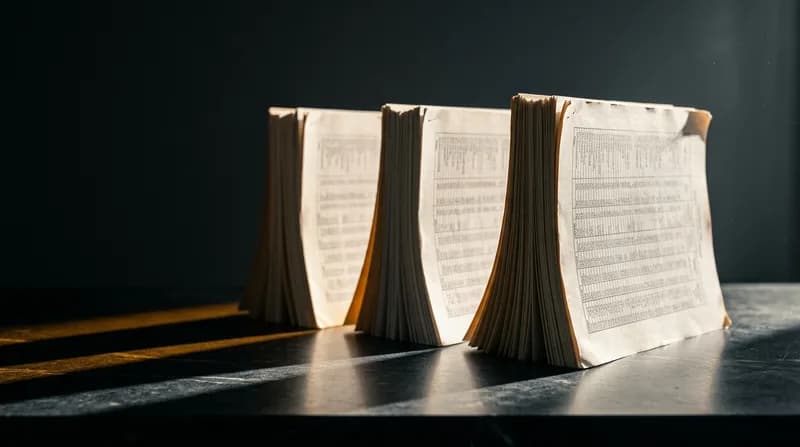 Três maços de documentos impressos de pé sobre uma mesa escura, sob luz rasante que projeta sombras longas.