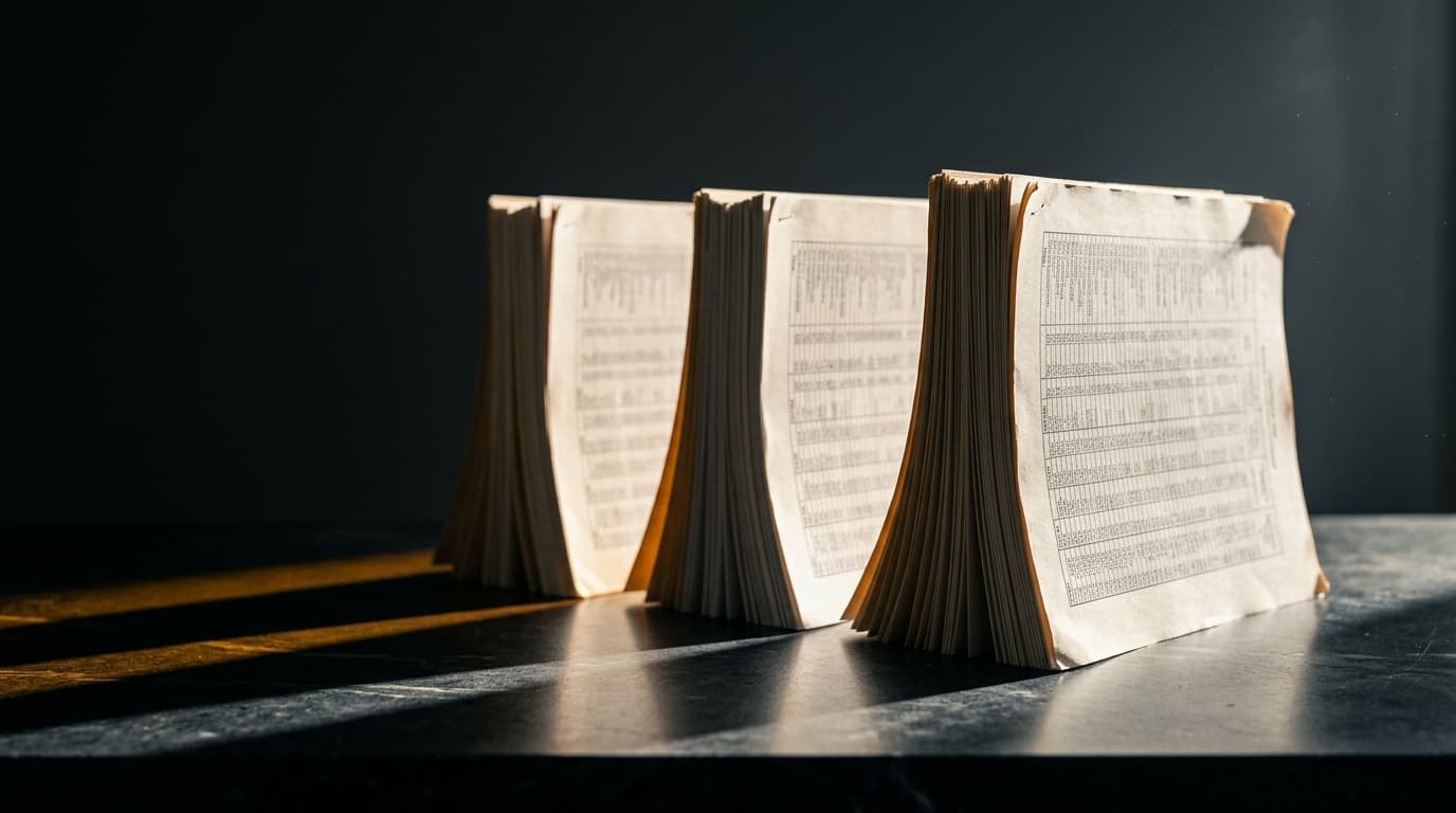 Três maços de documentos impressos de pé sobre uma mesa escura, sob luz rasante que projeta sombras longas.