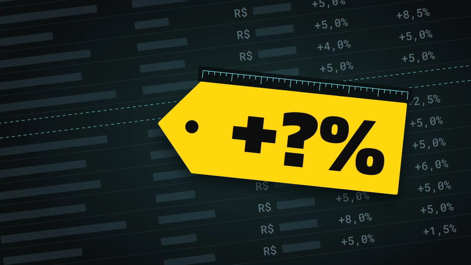 Tabela de preços com uma coluna de reajustes percentuais variados; uma etiqueta amarela grande, com "+?%" e uma régua na borda, se destaca de uma linha vazia.