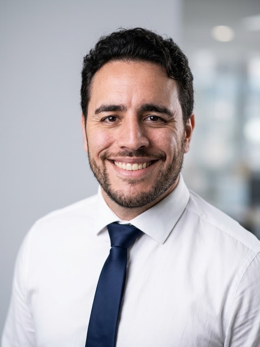 Bruno Arruda, fundador e CEO da Quantka, sorrindo para a câmera, de camisa branca e gravata azul-marinho, com um escritório desfocado ao fundo